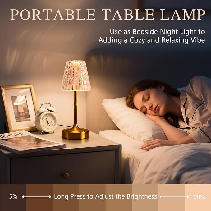 Touch Cordless Table Lamp Rechargeable, 3600mAh Battery Operated Small Crystal Lamp, 3 Color Dimmable Vintage Gold Table Light for Bedroom/Kitchen/Gift for Home Décor ((Luxury Style)