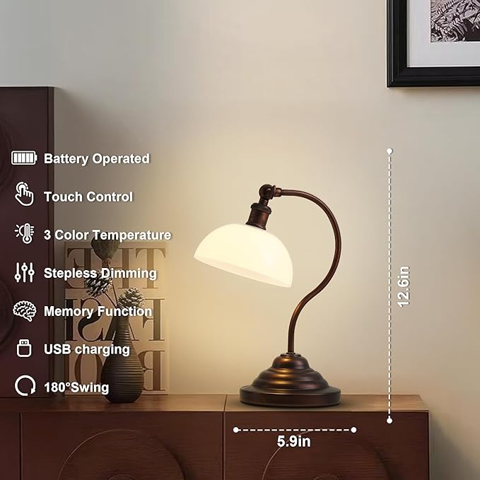 Cordless LED Table Lamp Set of 2, Battery Operated Desk Lamps with Swing Arm & Plastic Shade, Vintage Small Rechargeable Dimmable Light for Bedroom, Living Room, Nightstand, Oil Rubbed Bronze
