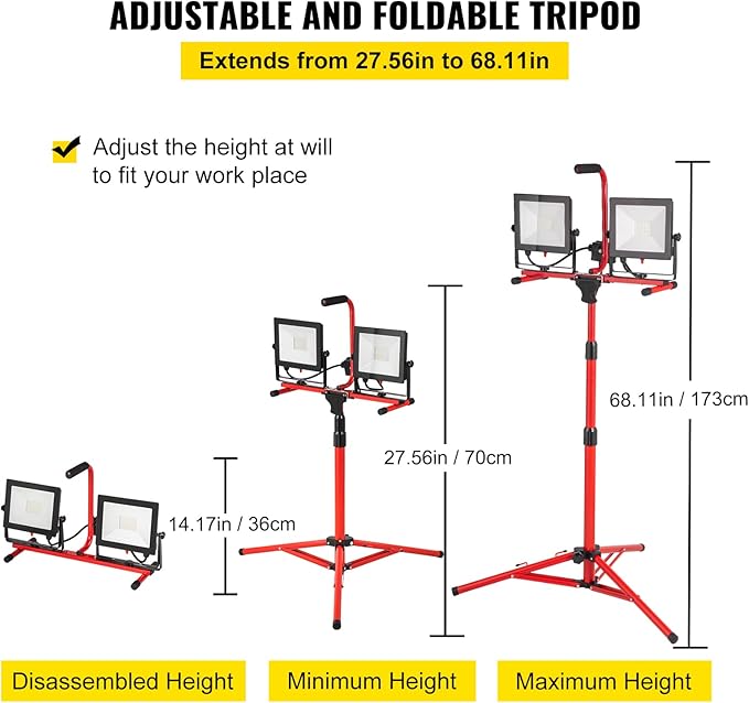 VEVOR LED Work Light with Stand, 20000 Lumen Dual-head LED Work Light with 27.6"-68.1" Adjustable and Foldable Tripod Stand, IP65 Waterproofed LED Tripod Work Light, with 5000 Kelvin Color Temperature