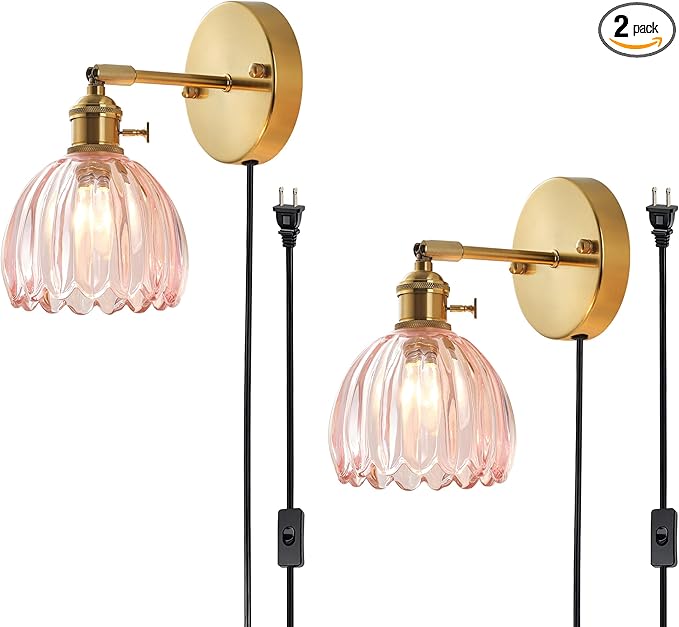 Plug in and Hardwired Wall Sconces, Luxury Vintage Tulip Crystal Glass Shade Wall Light with Switch for Bedside Bedroom Living Room (Tulip-Pink, 2)