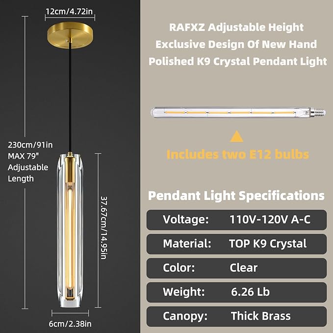 Modern K9 Crystal Pendant Light 2 Pack,14.95'' Clear and Gold Island Pendant Lights,Kitchen Crystal Light Pendant,Bar Pendant Lights,for Kitchen Dining Bathroom Bedroom