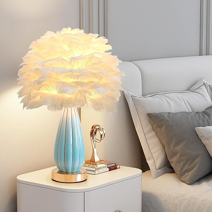 Chic White Feather Lamp Creative Feather Bedside Lamp Princess Nightstand Table Lamp Deco Romantic Atmosphere Desk Light for Cute Girl Bedroom Wedding Gift Living Room Hotel Ceramic Body