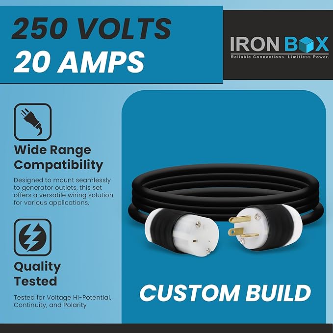 IronBox Electric - NEMA 6-20 Extension Cord - 12/3 SJT Jacket, 20A, 250V Extension Cable - Compatible w/Any Generator Equipped with a 6-20 Receptacle - Heavy Duty Cable(Custom Built,1 Foot)