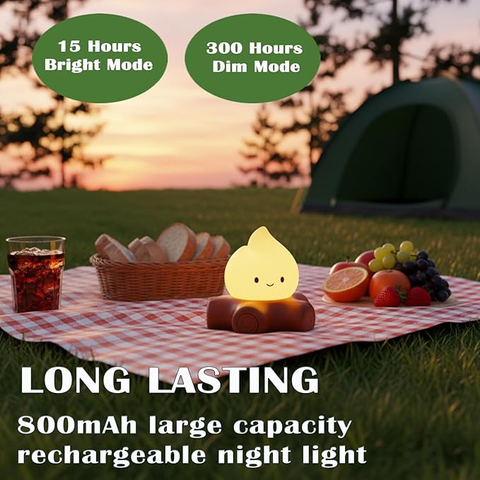 Campfire Night Light, 5 White Noise Mode, Cute Bonfire Gifts, Silicone Night Light with Candle Mode, Rechargeable Bedroom Decor, Gift for Children, Teens, Adults, Halloween, Christmas & Birthdays