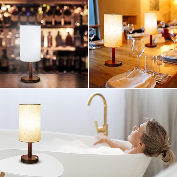 Small Table Lamp Nightstand Lamp Linen Lampshade Bedroom Wood Base Small Bedside Lamp for Night Stands, Desk Lamps for Reading Living Room, Office (LED Bulb Included) (Walnut Wood Cordless(2))