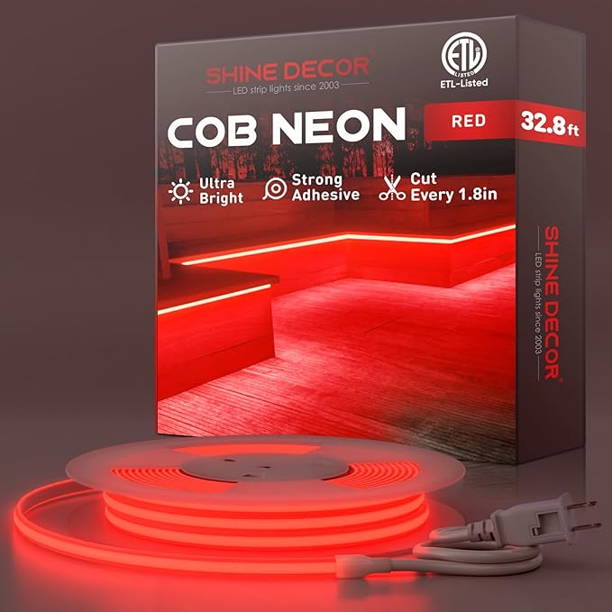 Shine Decor COB LED Rope Light AC 120V, 800lm Ultra Bright, IP65 Waterproof Cold-Resistant ETL Neon Strip, No Driver Tape Lighting for Home Commercial 10x4.5mm, Red, 32.8ft