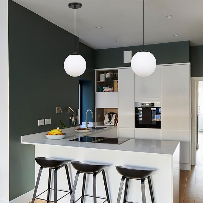 KoKo&Yukina 8-inch Globe Pendant Lighting for Kitchen Island Mid Century Modern Hanging Light Fixture with Milk Glass Globe Glass Black Industrial Hanging Ceiling Lights for Sink Bathroom Entryway