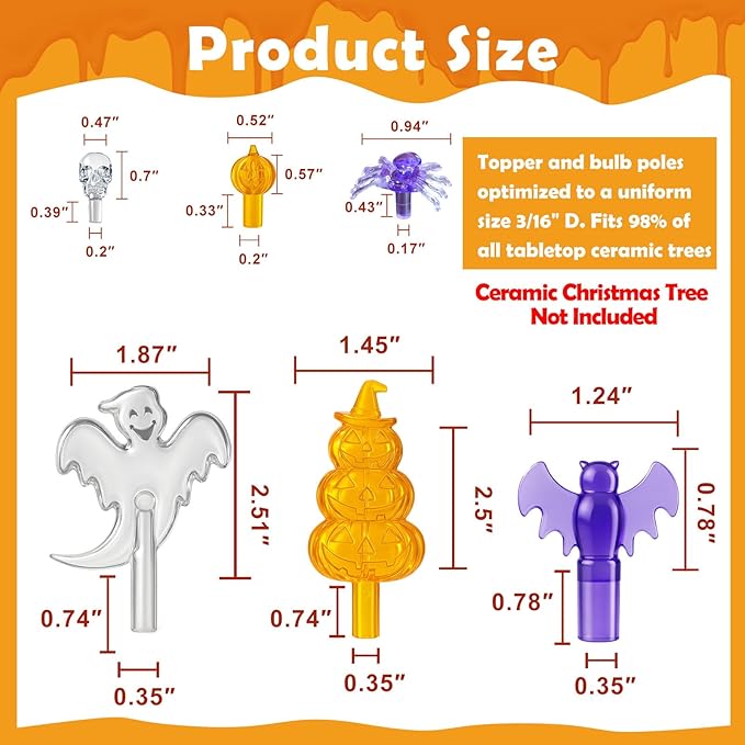 Halloween Ceramic Tree Replacement Light Bulbs Set, Halloween Themed, 117Pcs Skull/Pumpkin Head/Spider Ceramic Tree Replacement Bulbs and 1 Bat/Triple Pumpkin/Ghost Top Trim