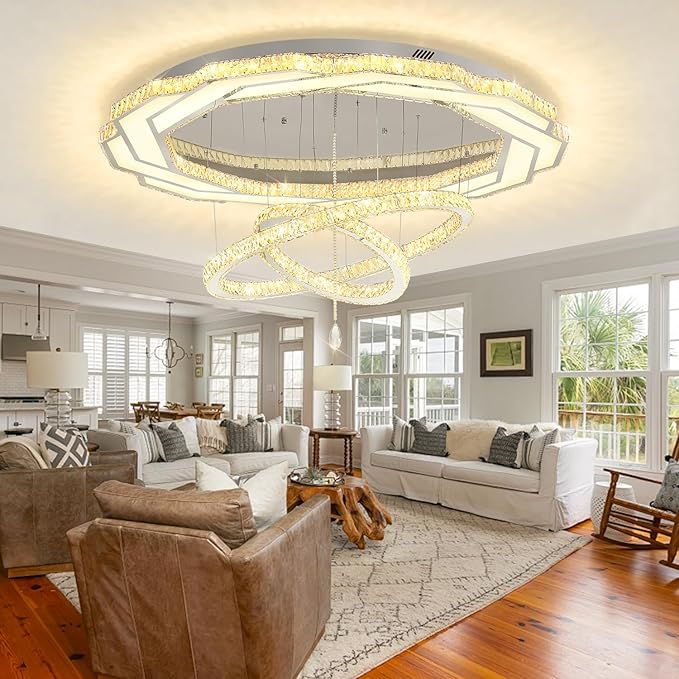 Flashing God Extra Large Chandelier Dia 55" Chrome Chandeliers Flush Mount Chandelier for Living Room Bedroom Dining Room Hallway Dimmable 3 Rings Chandeliers
