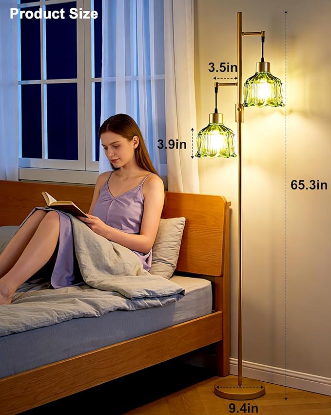 2-Light Gold Floor Lamp for Living Room, 65IN Tall Standing Lamps Dimmable with Green Glass Lampshade, 3000K Warmwhite Mid Century Modern Floor Lamp for Bedroom/Office/Corner/Sofa Beside