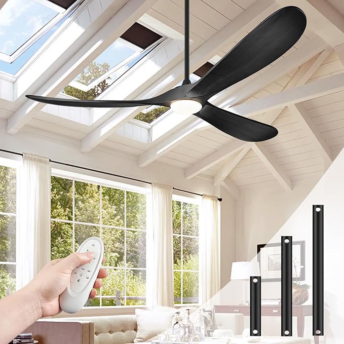 72" Outdoor Ceiling Fans with Lights and Remote Control, Large Ceiling Fan with Lights High CFM Quiet 3 Wood Blade Propeller Outdoor Fan,Propeller Ceiling Fan for Patio,Matte Black