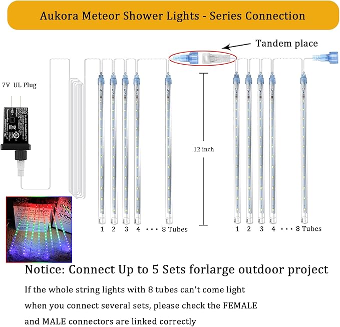 Aukora Meteor Shower Lights UL Certified Outdoor Christmas Lights 12inch 8 Tubes 192 LED Snow Falling Icicle Cascading Light for Xmas Tree Decoration Halloween Wedding Party Holiday Yard, Multicolor
