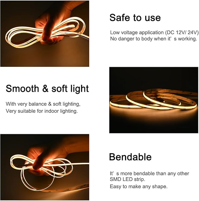 COB LED Strip Lights UL Listed DC 24V LED Lights Flexible Super Bright LED Strips,16.4ft 3000K Warm White,CRI 90+,2400LEDs High Density Uniform Light fo Home Room Décor