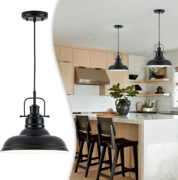 Famrhouse Pendant Light, Black Pendant Light Fixture with Metal Dome Shade, Adjustable Height Hanging Light for Kitchen Island, Living Room, Bedroom