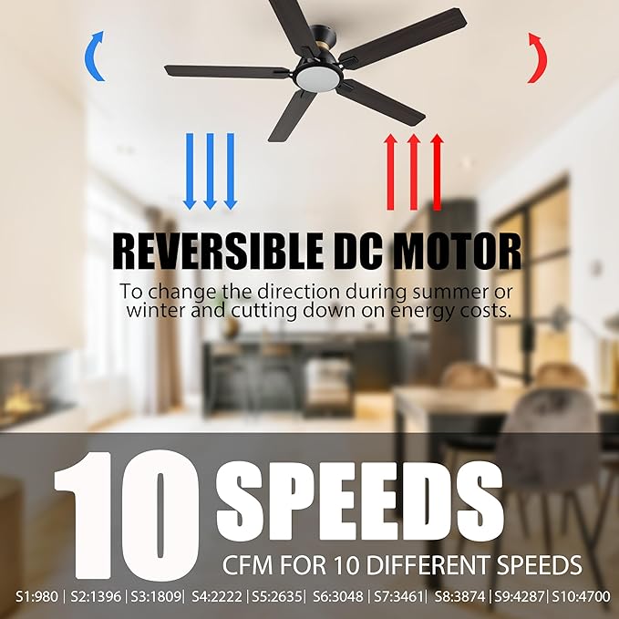 CEME 52 Inch Ceiling Fan With DC Motor, 10 Speeds, Dimmable LED Light, Smart Remote, APP, Alexa, Siri & Google Home, Dark Walnut Gold