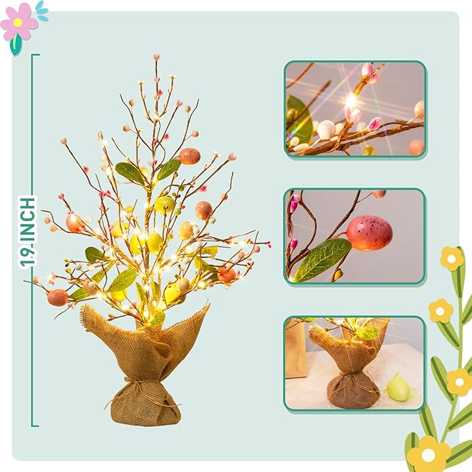 EAMBRITE Easter Decorations Easter Egg Tree with Lights, Lighted Trees Battery Powered, Tabletop Centerpiece Decor with Colorful Egg Ornaments for Home Table Party Spring Decoration (2 Pack)