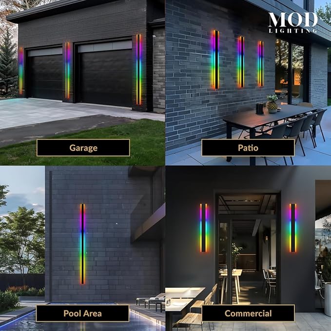 𝗠𝗢𝗗 𝗟𝗜𝗚𝗛𝗧𝗜𝗡𝗚 Haylen RGB | Long Outdoor Wall Lights, 7 Colors and 358 Light Effects, Dimmable with Remote Modern Linear Exterior Light Fixture, Waterproof Wall Sconce 45W, 2-Pack (RGB |12")