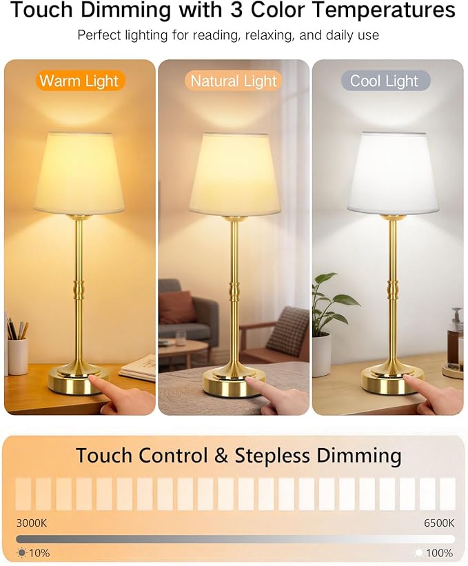 OUTON Cordless Table Lamp Rechargeable, Touch Dimmable LED Bedside Lamp with Fabric Shade, 3 Color Temperatures, USB-C Charging, Battery Display, Memory Function for Bedroom Living Room Patio, Gold