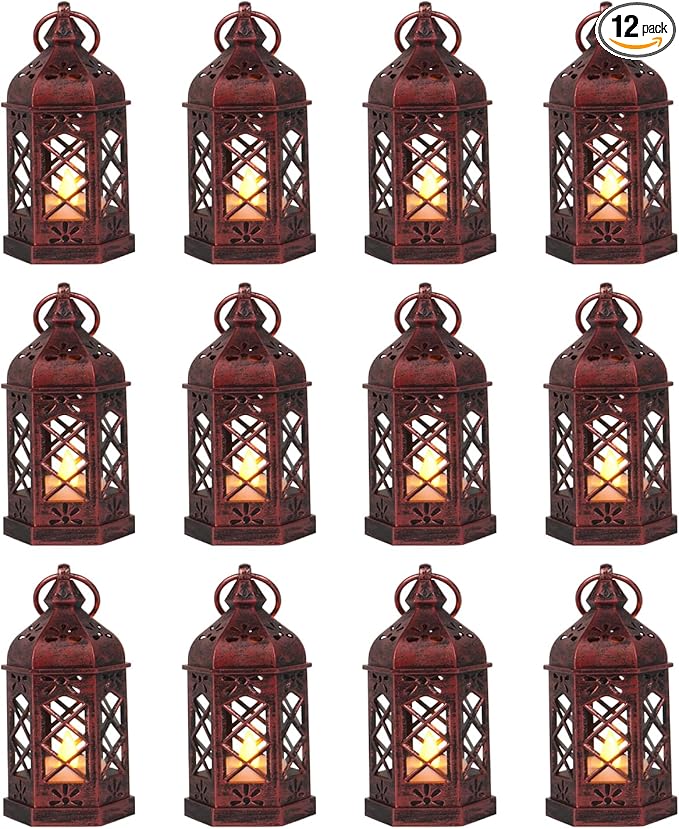 12-Pcs Mini Lanterns, Small Candle Lanterns Decorative, LED Tea Light Lantern Ramadan Decorations, Hanging Lantern, Centerpiece for Wedding Table, Battery Included(Rose Gold)