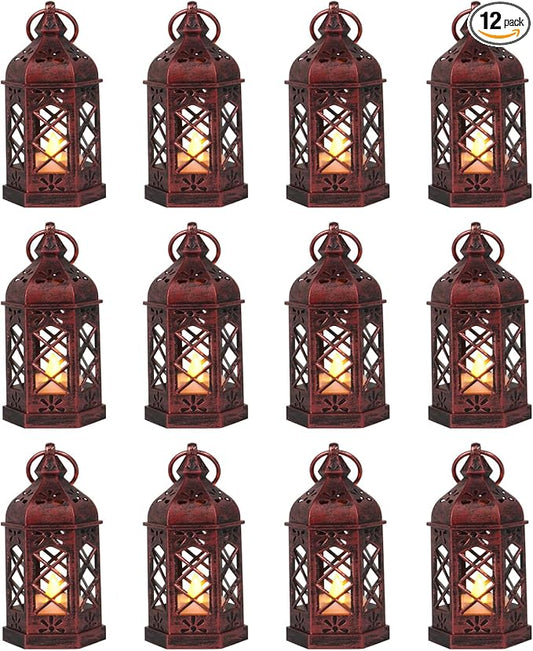 12-Pcs Mini Lanterns, Small Candle Lanterns Decorative, LED Tea Light Lantern Ramadan Decorations, Hanging Lantern, Centerpiece for Wedding Table, Battery Included(Rose Gold)