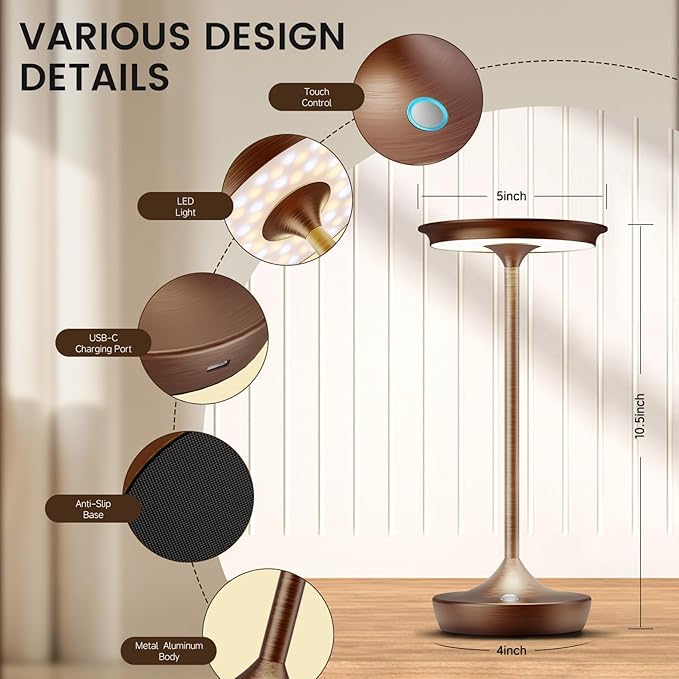 Cordless Table Lamp Rechargeable- LED Battery Operated Touch Lamps,Portable 3 Color Dimmable Waterproof Lights for Patio/Restaurant/Dining/Outdoor(Brown2)