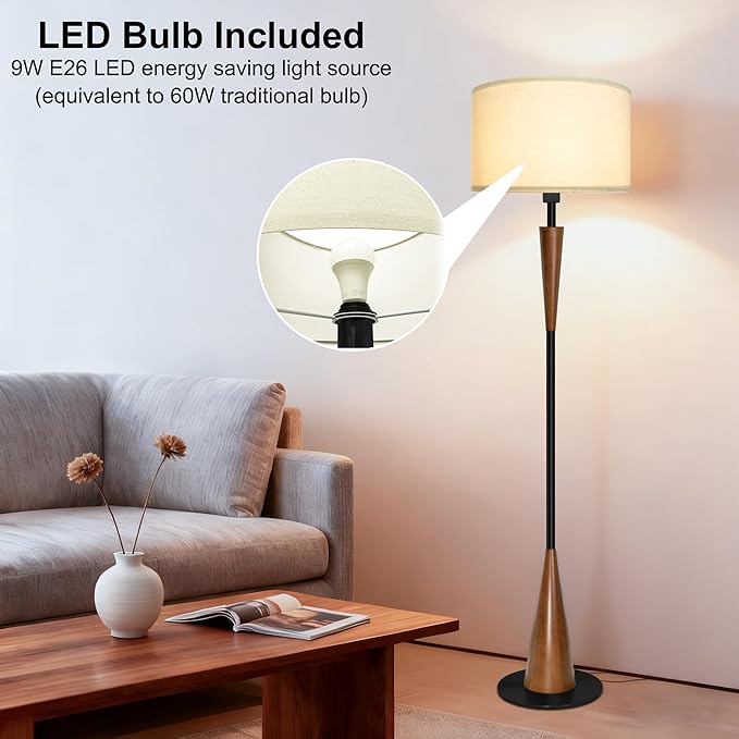 Floor Lamp for Living Room, Wood 3 Color Temperatures & Linen Shade, Modern Reading Standing Lamp with 9W LED Bulb, Mid Century Night Light for Farmhouse, Bedroom, Office