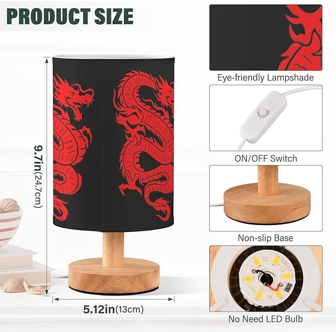 Table Lamp Red Chinese Dragon on Black Nightstand Lamp with Wood Base Fabric Lamp Shade Bedside Desk Lamp for Living Room Bedroom Kids Room Office