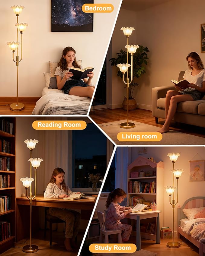 Lightdot 66IN Flower Floor Lamp 3-Lights Vintage Floor Lamps with 3000K Bulbs Included for Wedding Party Modern Dimmable Gold Tall Standing Lamp for Living Room/Bedroom/Sofa Beside/Corner Decor