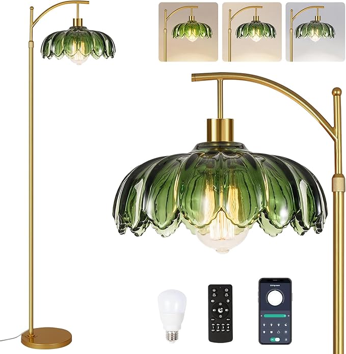 Gold Floor Lamp for Living Room,Bedroom,Mid Century Modern Standing Lamp with Remote,Dimmable Brass Tall Lamp Green Glass Lamp Vintage Retro Arc Floor Lamps Flower Floor Light Boho Bohemian