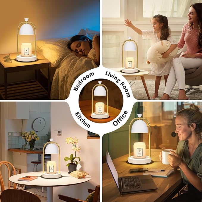 Hong-in White and Gold Candle Warmer Lamp with Timer-Electric Candle Warmer Lamp for Bedroom Decor, Dimmable Candle Light Warmer,Home Decor, Wax Warmer Lamp for Jar Candles with 2 Bulbs