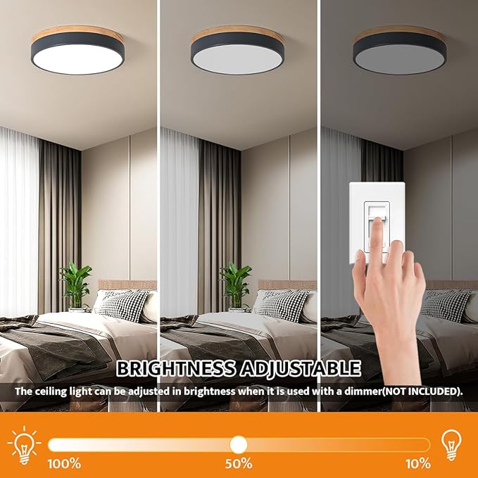 Dimmable Wood LED Flush Mount Ceiling Light, 5CCT 2700K-6000K Modern Round Close to Ceiling Lighting Fixtures, Minimalist Grey Ceiling Lamp for Bedroom, Kitchen, Laundry Room, Hallway