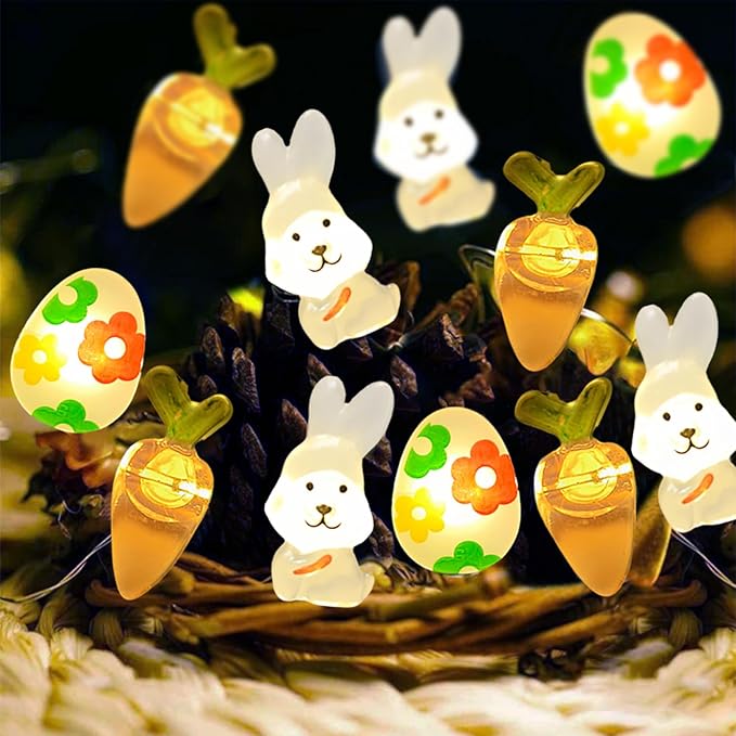 Easter Decorations Battery Operated 17Ft Bunny Carrot Egg String Lights 50 LED Fairy Lights with Timer, Spring Decor for Indoor Outdoor Home Mantel Tree Egg Hunt Party Easter Decoration