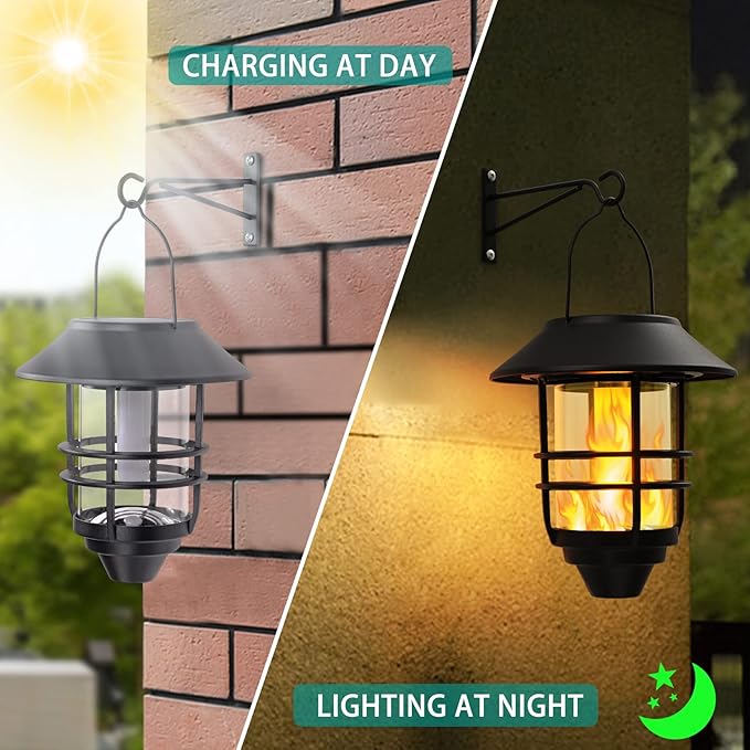 Solar Hanging Lantern Outdoor, Flickering Flames Outdoor Lights,Solar Lights Waterproof for Wall Fence Patio Porch Yard,2 Pack