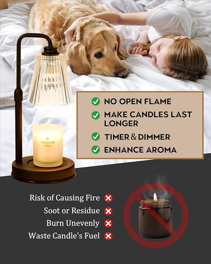 Candle Warmer Lamp With Timer Dimmable Crystal Vertical Stripe, Birthday Gifts for Women Mom, Adjustable Candle Warming Lamp with 2 Bulbs, Black Candle Lamp Warmer for Jar Scented Candles, Home Decor
