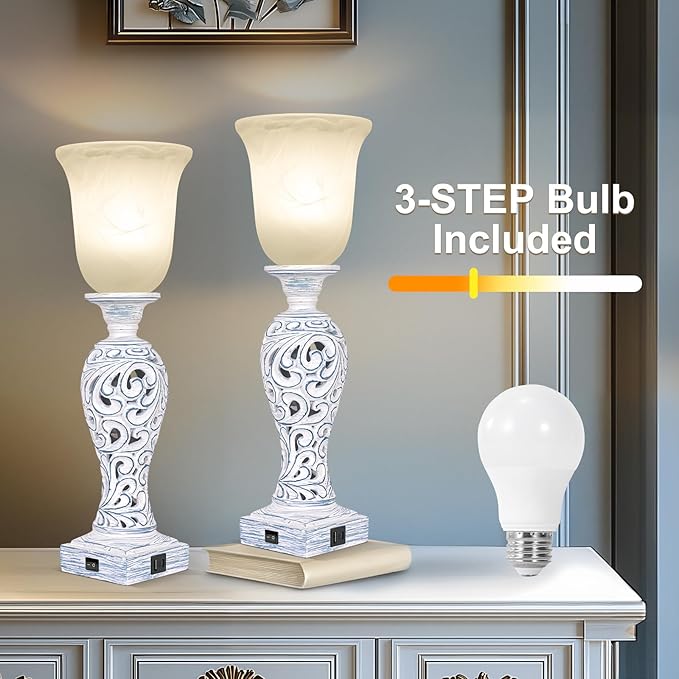 20" Vintage Table Lamp Set of 2 for Living Room, Rustic Farmhouse Bedside Lamps for Bedroom, 3-Way Dimmable Desk Lamps with Nightlight and 2 USB Ports, Traditional Nightstand Lamps with Glass Shade