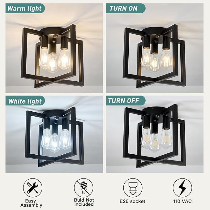 ZGLAOJT Motion Sensor Ceiling Light Fixture 3-Lights Semi Flush Mount Ceiling Light Black Industrial Indoor Chandelierfor Kitchen Living Room Bedroom Farmhouse Hallway Foyer