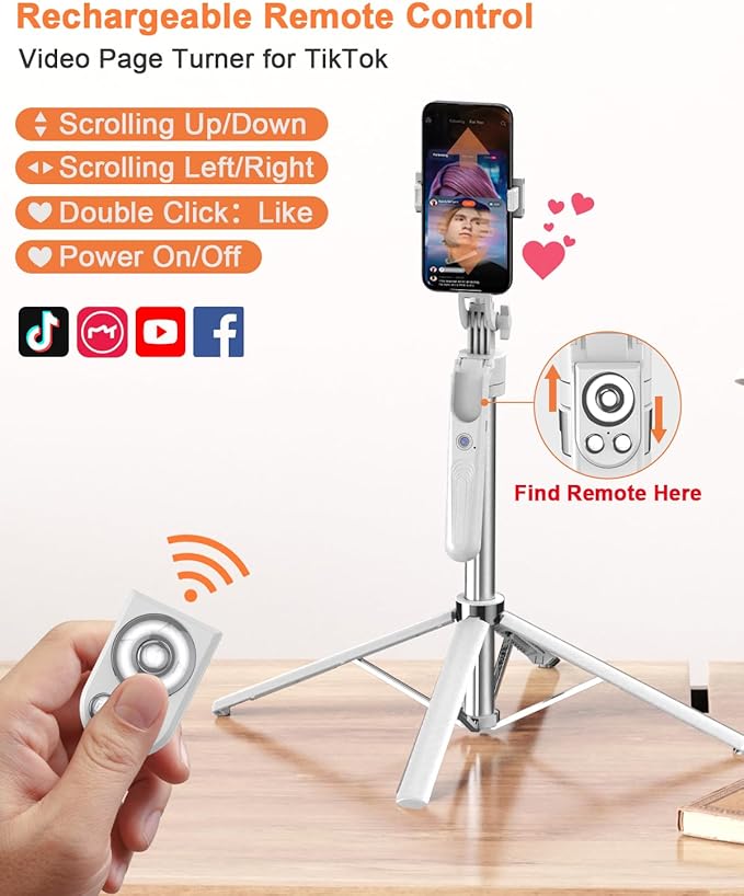 71” Auto Face Tracking Tripod for iPhone with Light,360° Rotating Phone Stand with Rechargeable Remote Control for TikTok Vlog, Phone Tripod for Android Camera/GoPro/Ring Light (White)