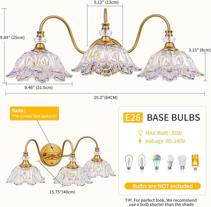Vintage Bathroom Vanity Light, 3-Light Matte Brass Finish Vanity Light with Flower-Shaped Rainbow Glass Shades, Retro Wall Sconce for Bathroom