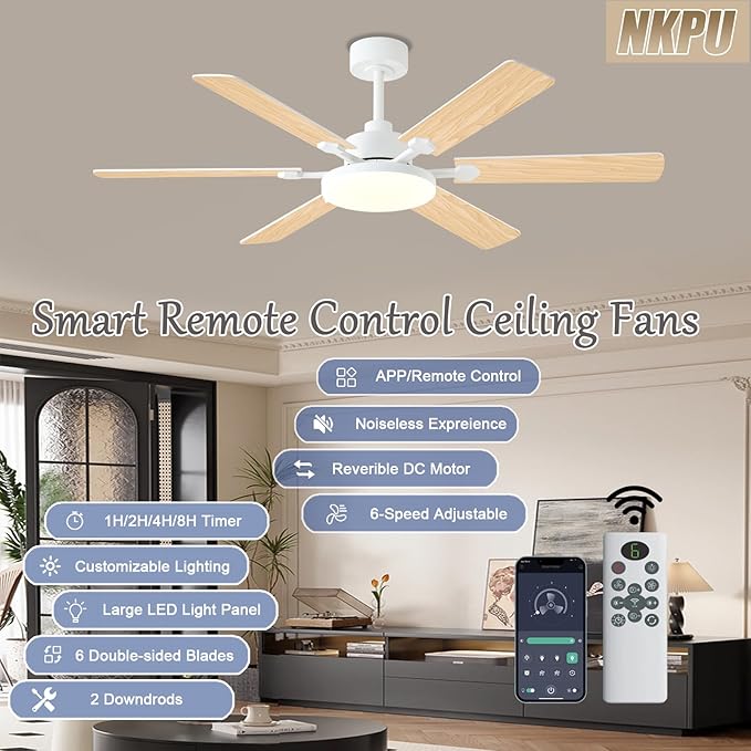 56 Inch Ceiling Fans with Lights, Modern White Ceiling Fan with Light and Remote Control, 6 Double Sided Blades, 6 Speed Reversible Motor, Dimmable LED, Silent Timing, Indoor Outdoor Patio Use