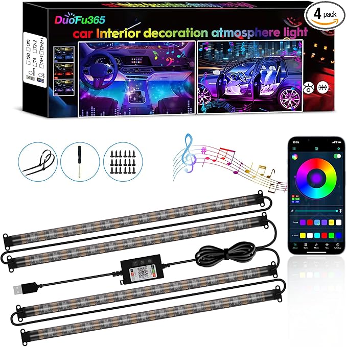 Car Led Strip Lights, RGB Truck Interior Lights with App Control, Under Dash Footwell Automotive Led Light Strip, Car Ambient Lighting (1set)