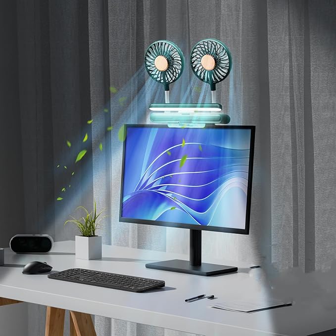 Reading stand Lamp Light Bar with Fan Two-Head Personal Cooling Quiet USB Fan Flip-Open light, Level 3 brightness 3 Wind Speed for Working/Self Broadcasting (Forest Green)