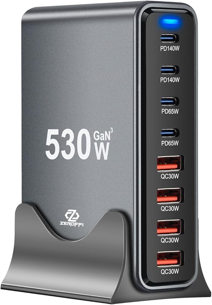 530W USB C Charging Station, 8-Port USB C Charger Block, PD 140W PD 65W QC 30W GaN Ⅲ Fast USB Charger for MacBook, Ipad, iPhone, Samsung