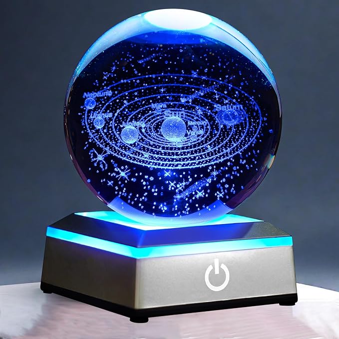 3D Solar System Crystal Ball Night Light with LED Colorful Lighting Touch Base 3.15 in Galaxy Planets Glass Ball Lamp Paperweight Astronomy Gift Decor for Boys Girls Kids Birthday Christmas