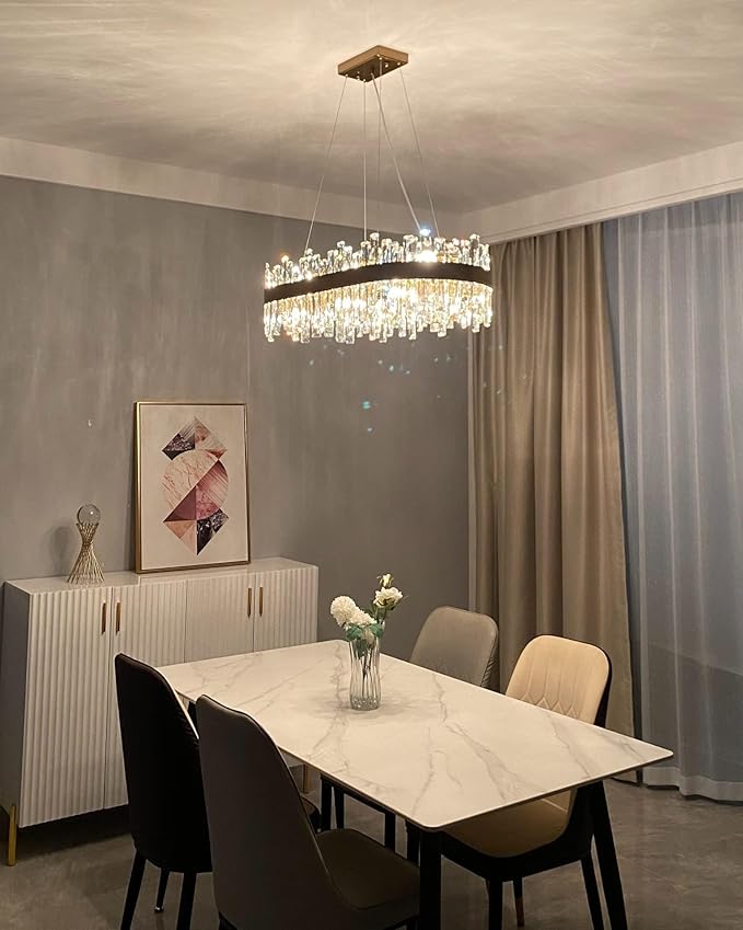 Siljoy Modern Crystal Chandelier 16 Lights Rectangular Gold 2-Tiers Raindrop Crystal Chandelier Oval Adjustable Hanging Pendant Ceiling Light Fixture for Dining Living Room Kitchen Island 35.4 Inch