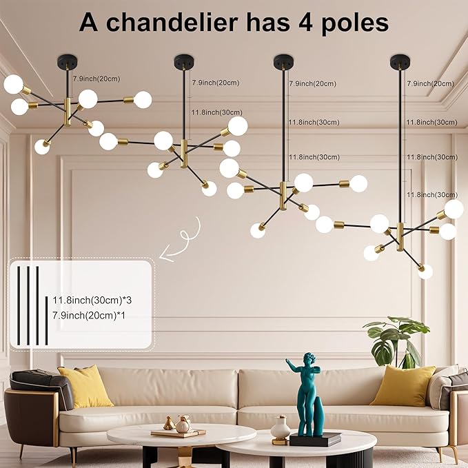 Sputnik Chandelier Mid Century Modern Industrial E26 Pendant Lighting Chandeliers Ceiling Light Fixture Black and Gold Light for Living Room,Kitchen,Bedroom,Dining Room and Farmhouse