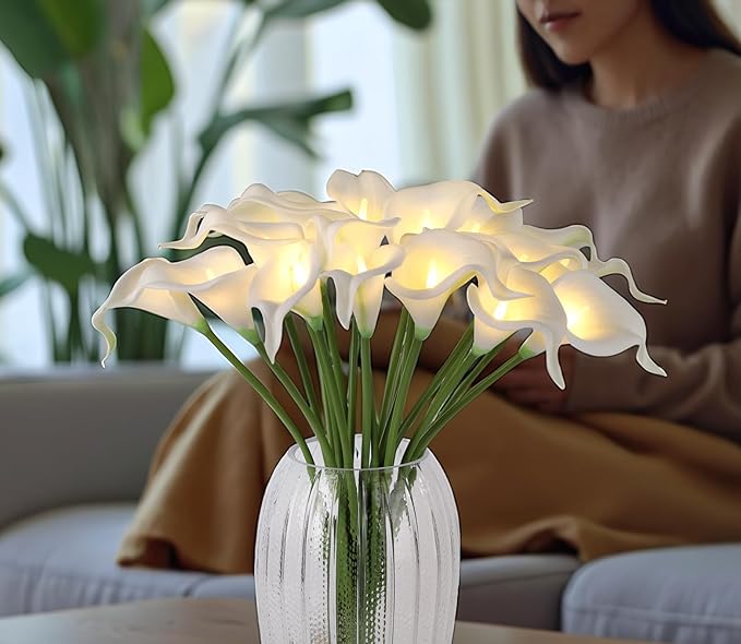 LED Lighted Artificial Flowers Calla Lily Bouquet 20 Stems Real Touch Calla Faux Flower Lights for Valentine's Day Gift and Easter Home Kitchen Wedding Dining Table Decor(White, No Vase)