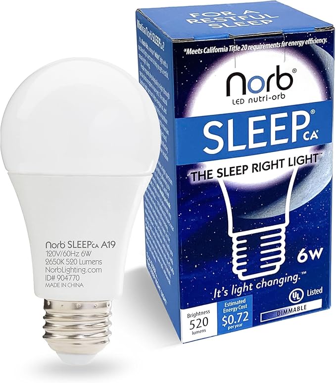 Norb NorbSLEEP Low-Blue Sleep Light Bulb – Melatonin-Boosting Nighttime LED for Restful Sleep – for Babies, Kids, & Adults – 6W A19 Dimmable, Natural Evening Spectrum, White Not Amber (1-Pack)