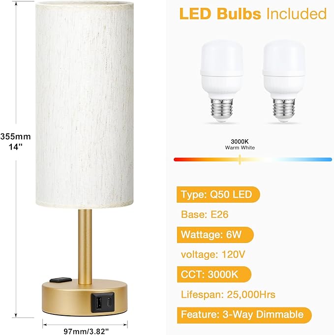 Gold Touch Table Lamps Set - 3 Way Dimmable Bedroom Lamps with USB C and A Ports, Small Lamps for Nightstand with AC Outlet, Gold Base Round Flaxen Shade for Desk, Office, Dorm, Nursery