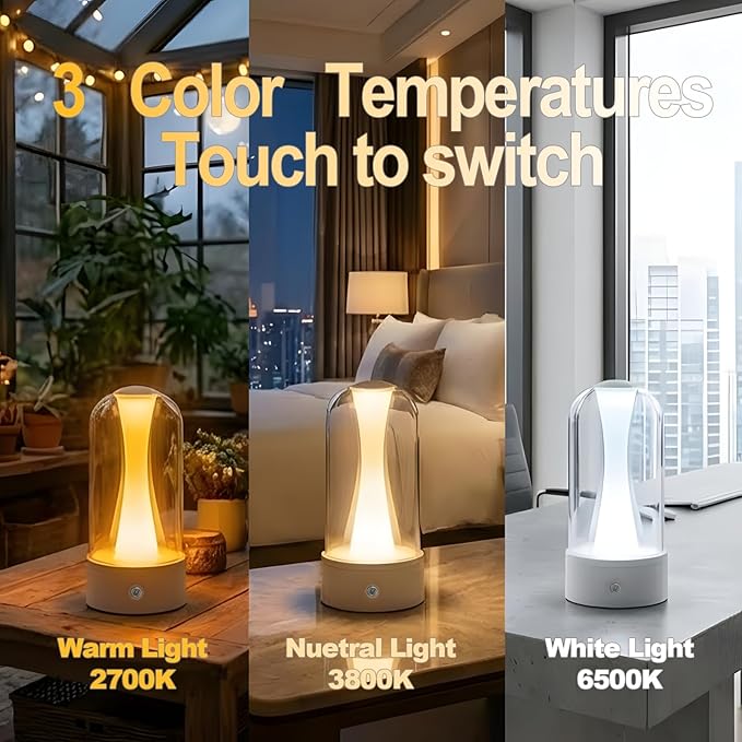 Rechargeable Bedside Lamps with 3 Way Dimmable - Portable Touch Control LED Table Lamp for Living Room Bedroom, Good Gift for Boys and Girls, Glass Lamp for Home or Office Decoration -White