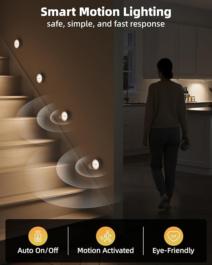 EZVALO 4 Pack Motion Sensor Closet Lights with Charging Station, 1200mAh Rechargeable LED Under Cabinet Lighting, Puck Light, Dimmable, 3 Color Temps, Magnetic, Stick on for Kitchen, Closet, Stairs
